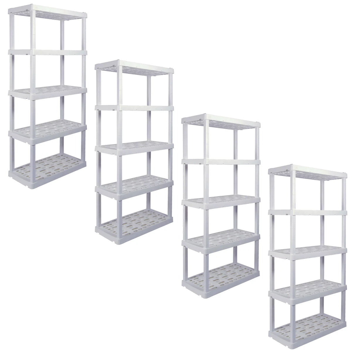 5 Shelf Plastic Garage Shelves, Pack of 4, White 750 lbs Capacity D409300