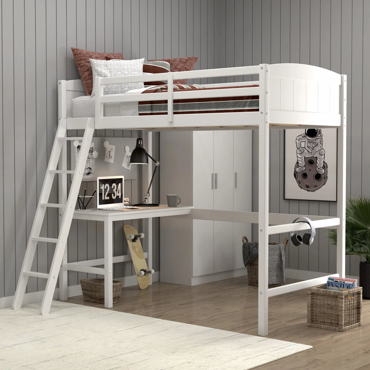 White Wood Twin Loft Bed with Desk J2167