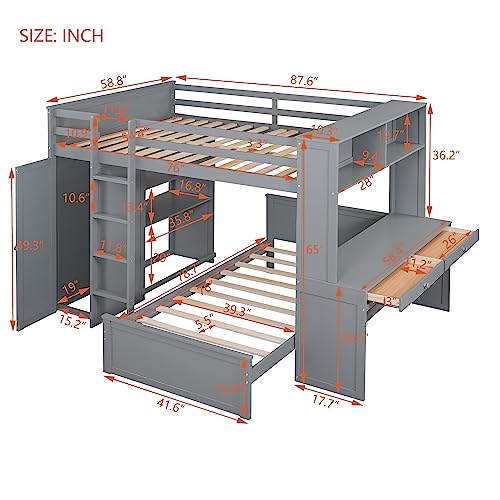 Twin Size Loft Bed with Built-in Desk & Wardrobes, Wood Bedframe with 4 Drawers & 4 Shelves, Gray A47920