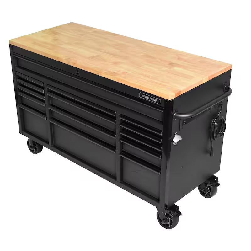 Heavy Duty 15-Drawer Mobile Workbench Tool Chest with Solid Wood Top in Matte Black C2405