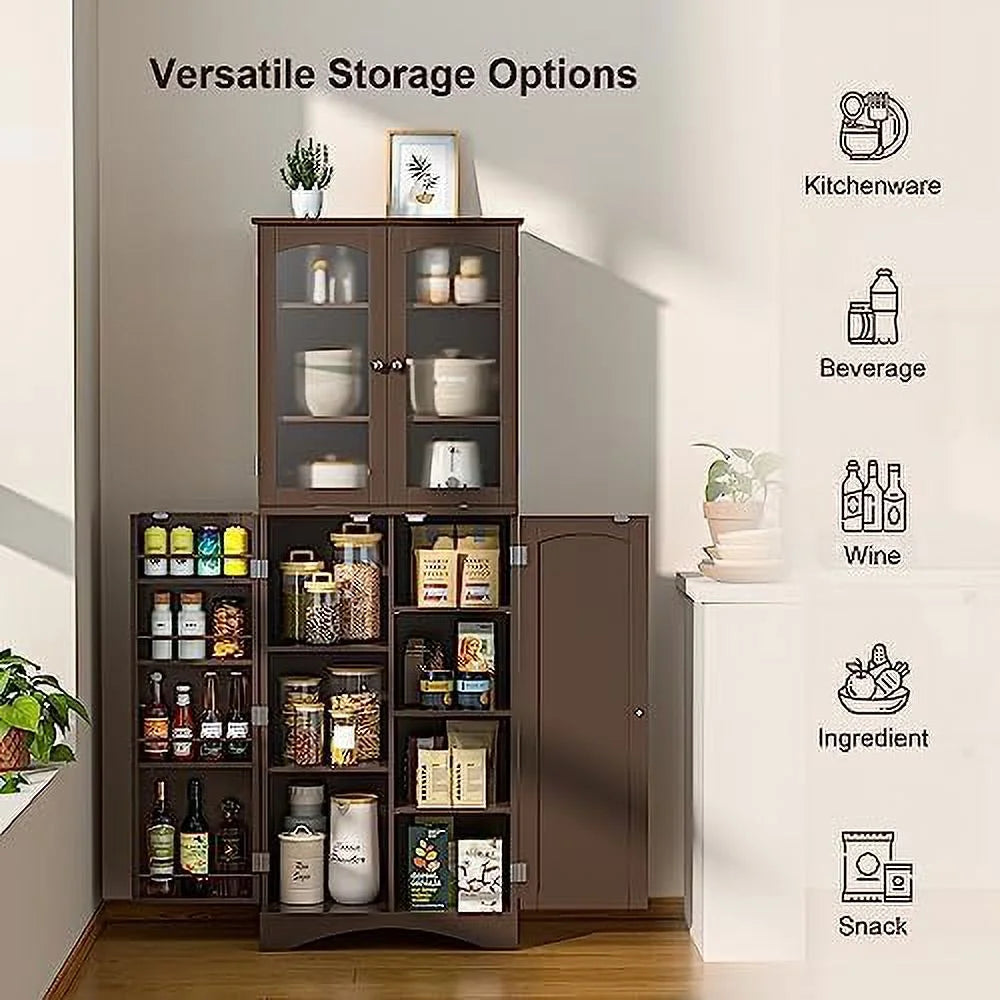 64" Kitchen Pantry Cabinet with Glass Doors and Adjustable Shelves L293