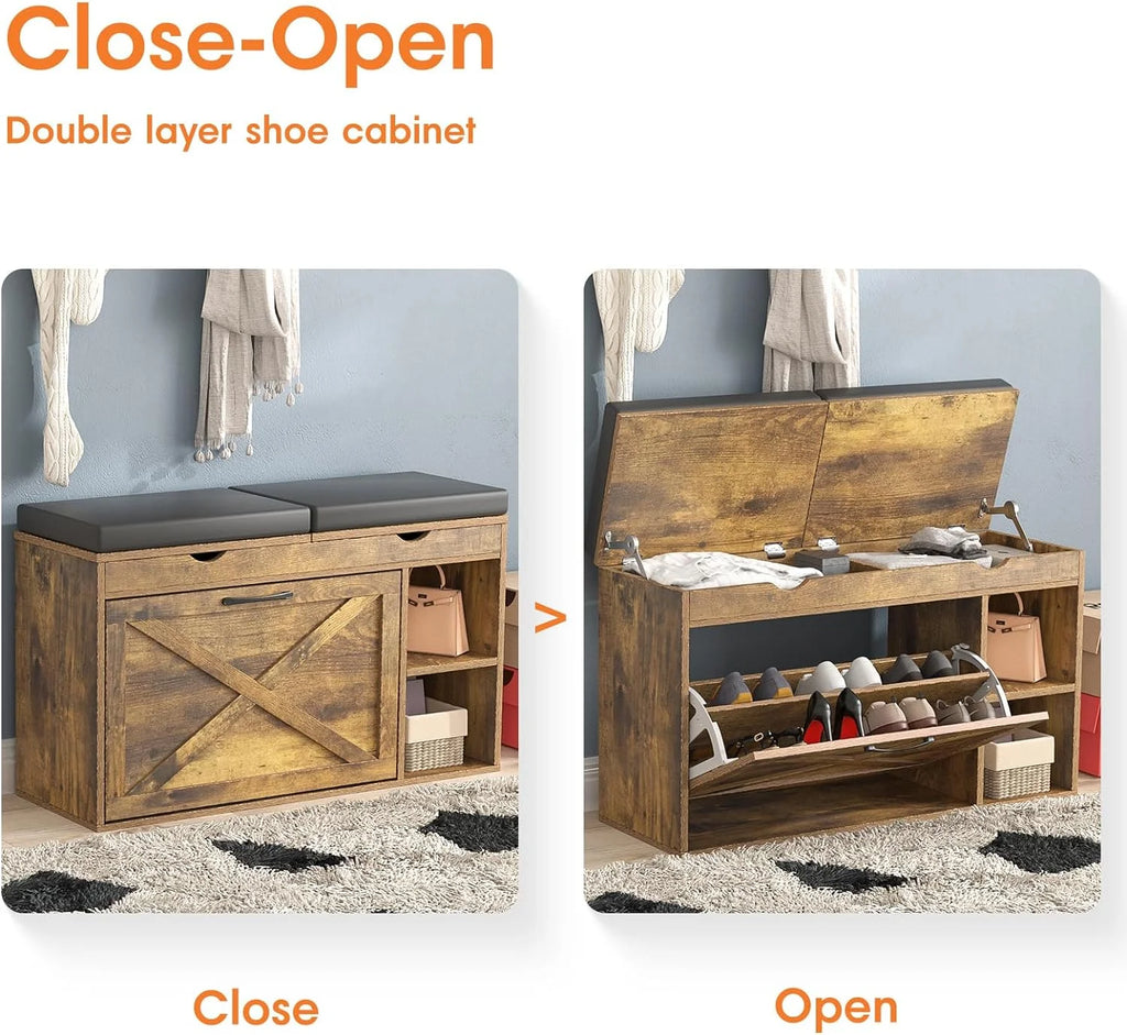 Rustic Brown Shoe Storage Bench with Flip Drawer O915640