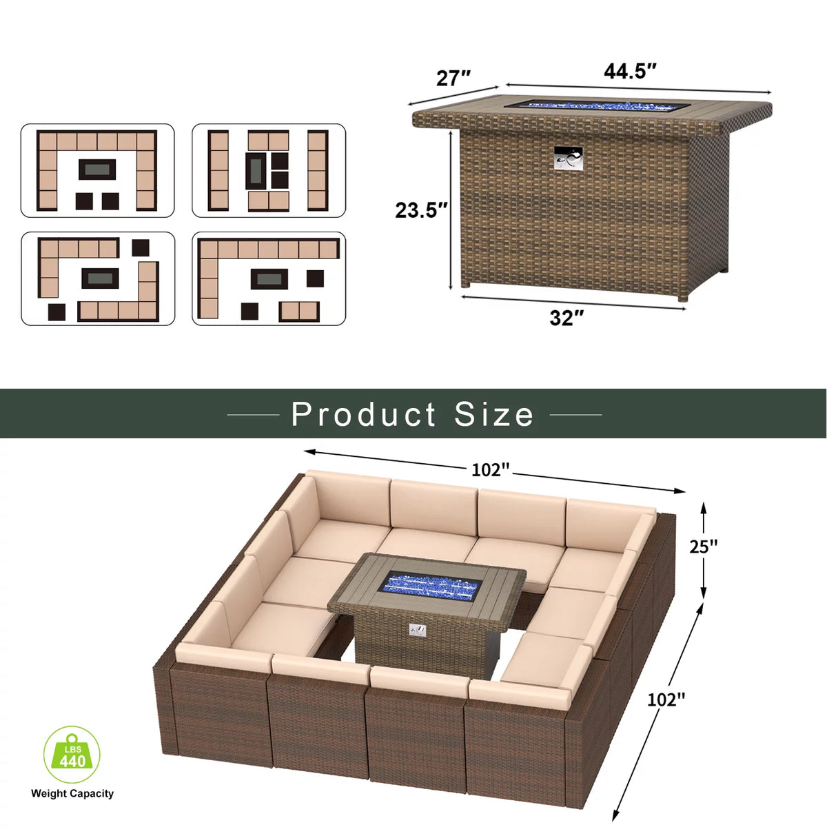 8 Pcs Patio Furniture Set with Fire Pit Table F513