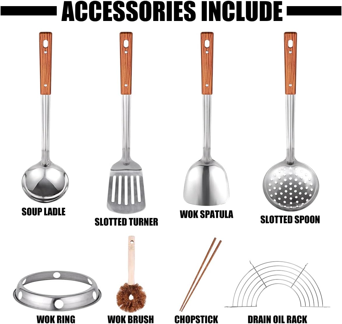 Carbon Steel Hand Hammered Wok Pan Set with 8 Pcs Cookware Accessories G912515
