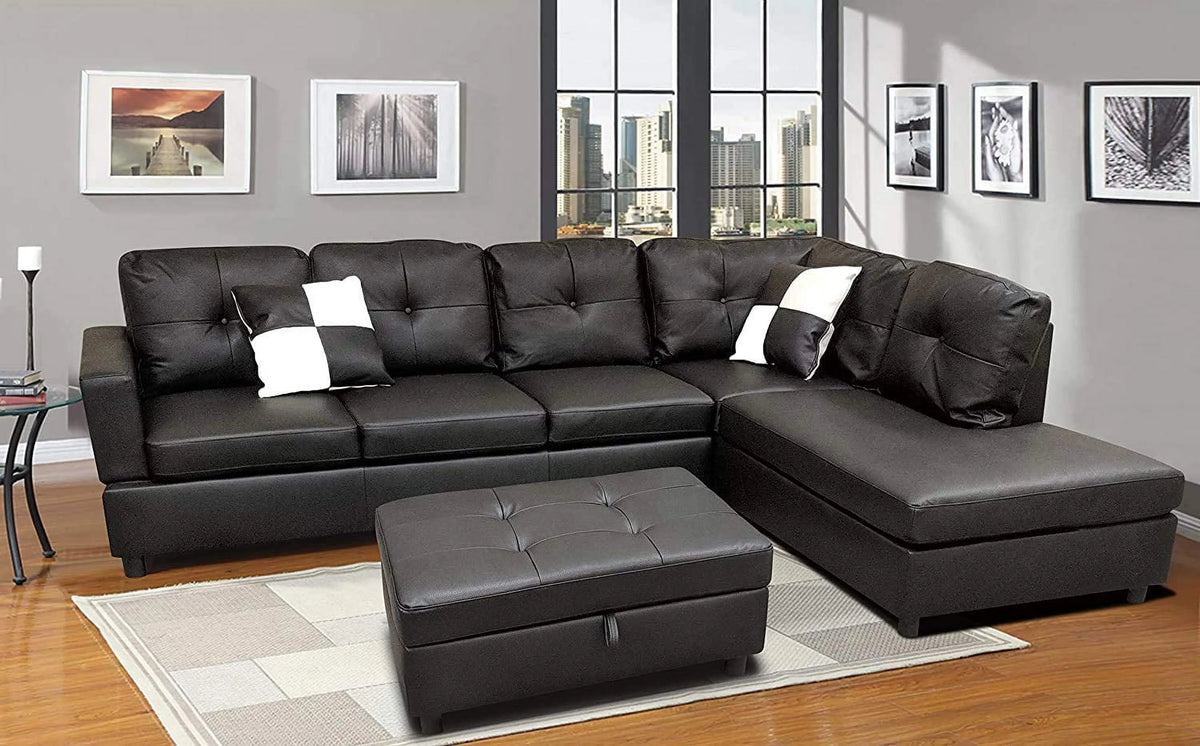 L-Shape Faux Leather Sectional Sofa with Chaise and Ottoman V953