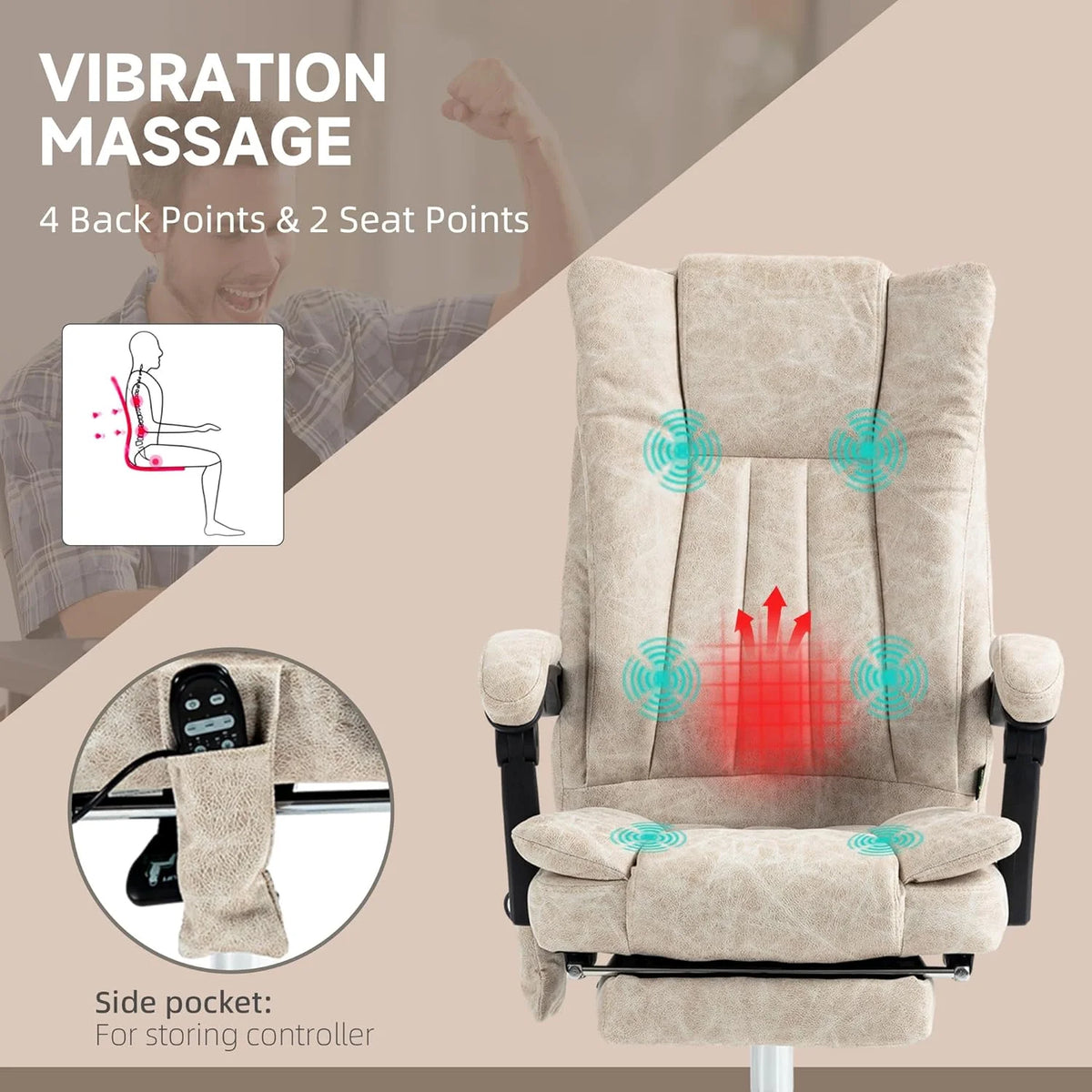 Cream White Microfiber High Back Office Chair with Massage and Footrest M298835