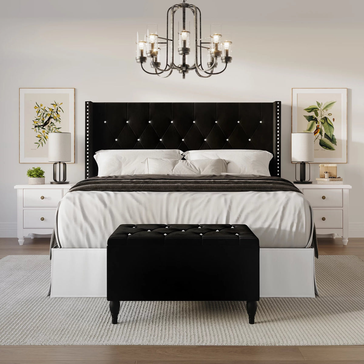 Black Velvet Upholstered Storage Bench Bed A46761