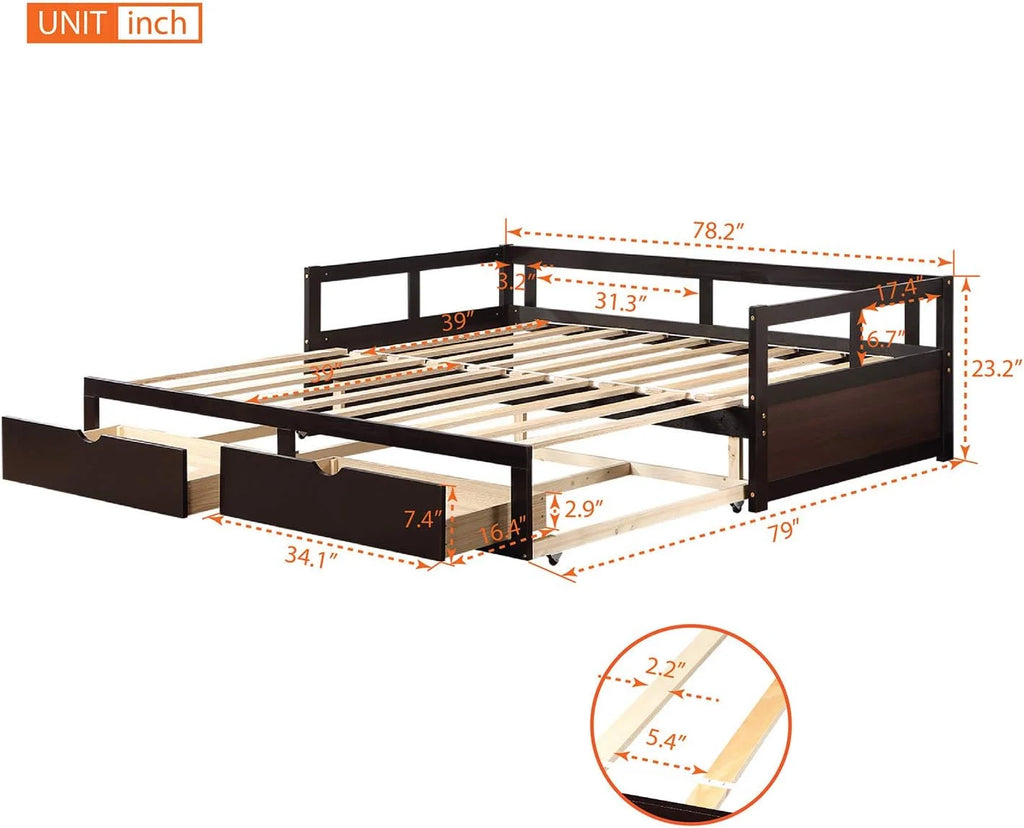 Espresso Wooden Daybed with Trundle and 2 Storage Drawers T295953
