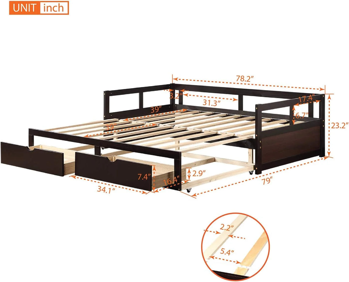 Espresso Wooden Daybed with Trundle and 2 Storage Drawers T295953