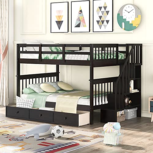 White Twin Over Twin Solid Wood Bunk Bed with Trundle Q298038