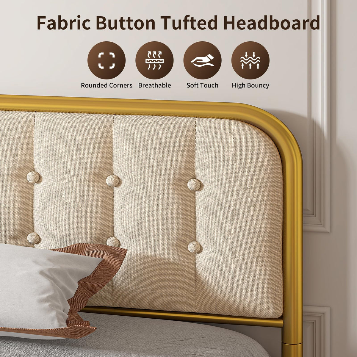 Beige Full Size Bed Frame with Headboard M6958