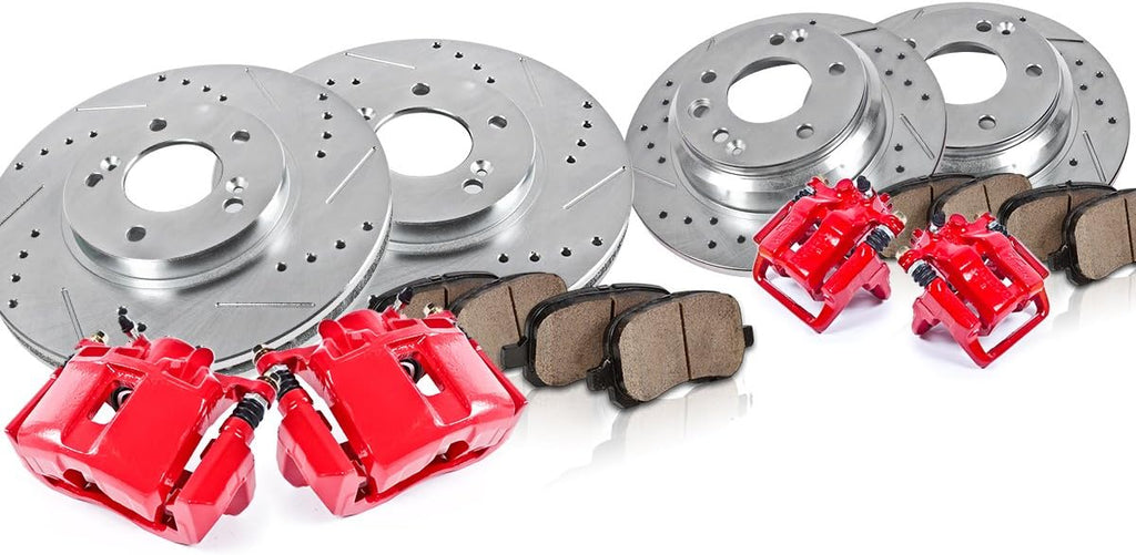 Powder Coated Red Calipers Drilled Slotted Rotors Ceramic Pads E500