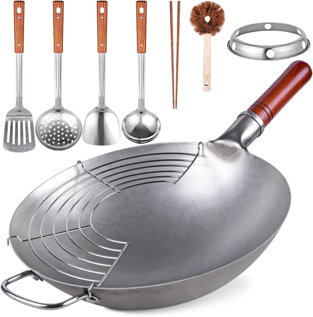 Carbon Steel Hand Hammered Wok Pan Set with 8 Pcs Cookware Accessories G912515
