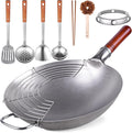 Carbon Steel Hand Hammered Wok Pan Set with 8 Pcs Cookware Accessories G912515