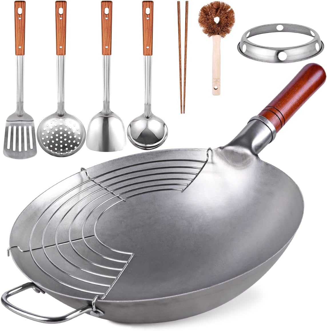 Carbon Steel Hand Hammered Wok Pan Set with 8 Pcs Cookware Accessories G912515
