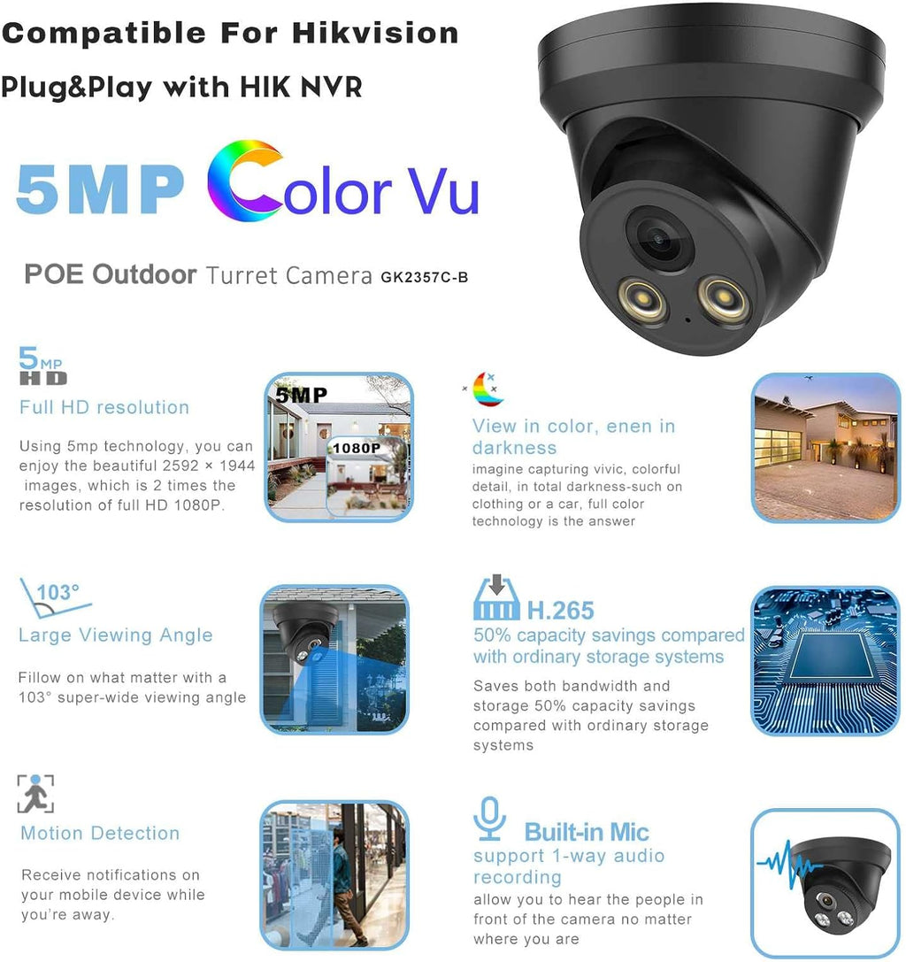 4K 8MP Full Color Night Vision POE IP Security Camera Black 2.8mm Fixed Lens V322