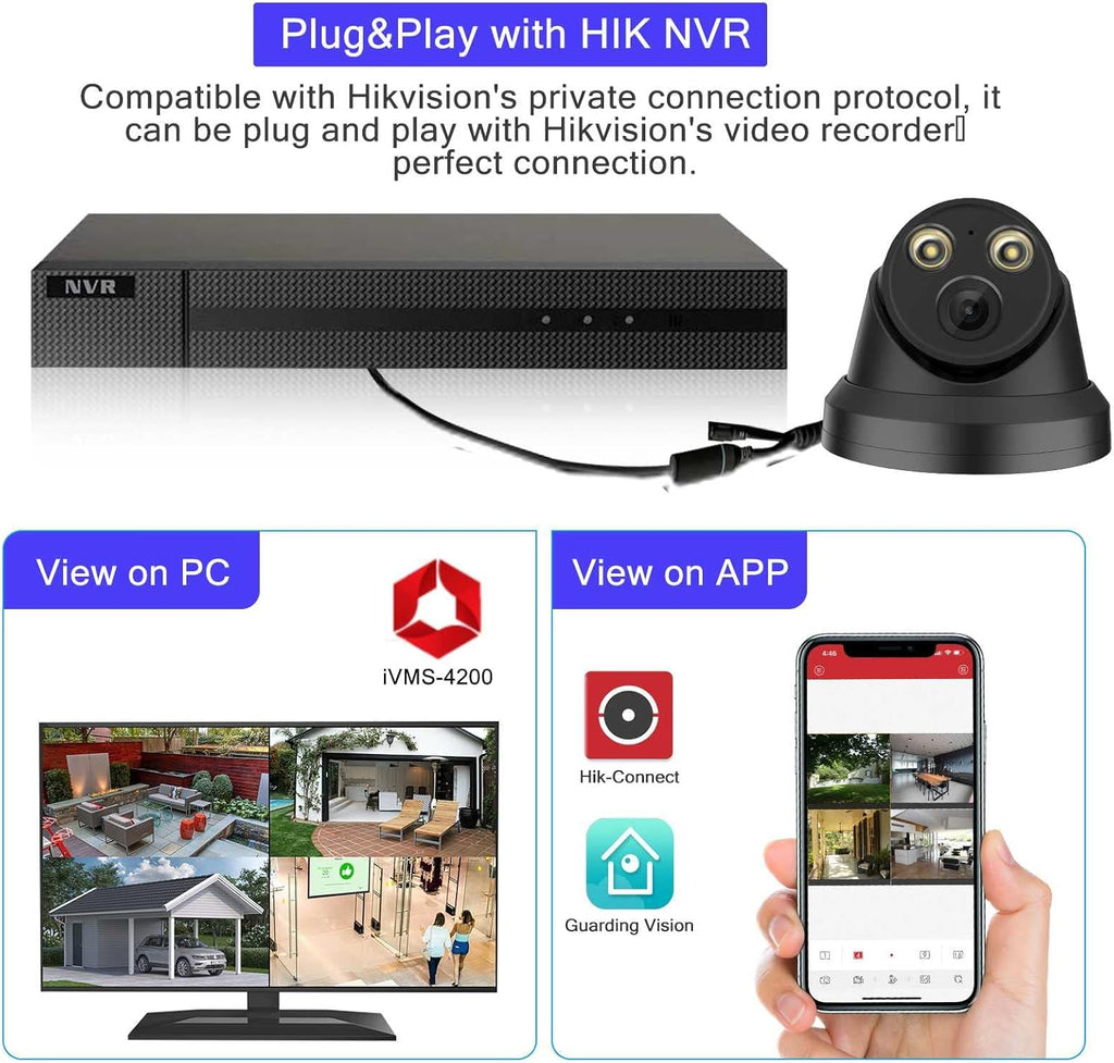 4K 8MP Full Color Night Vision POE IP Security Camera Black 2.8mm Fixed Lens V322