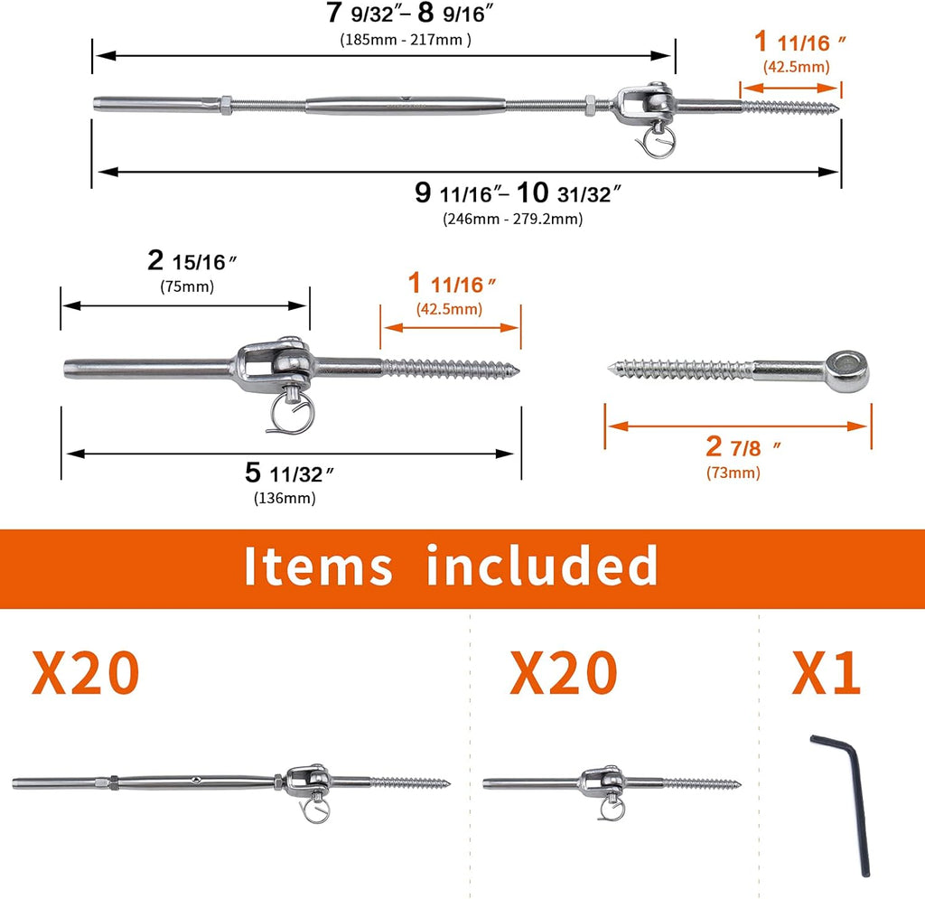 20 Set Cable Railing Kit 1/8 T316 Stainless Steel Turnbuckle Hardware Y127898