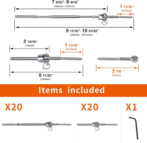 20 Set Cable Railing Kit 1/8 T316 Stainless Steel Turnbuckle Hardware Y127898