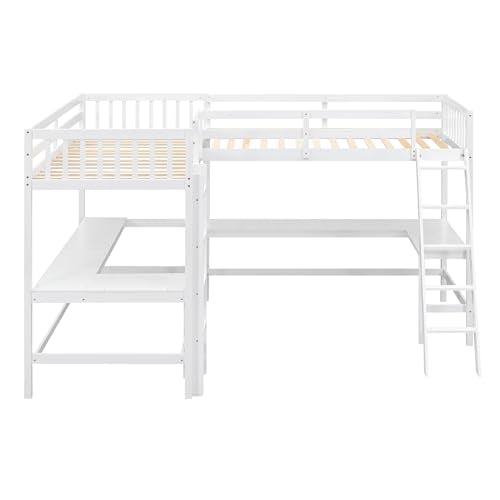 White L-Shaped Wood Twin Size Loft Bed with Desk and Ladder V35515