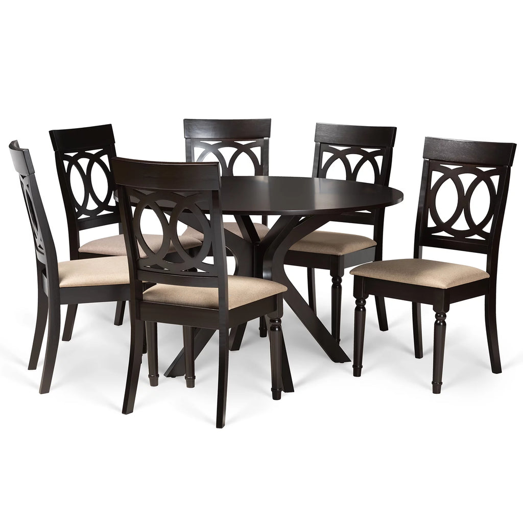 Sand Fabric Upholstered Dark Brown Wood 7-Piece Dining Set P980
