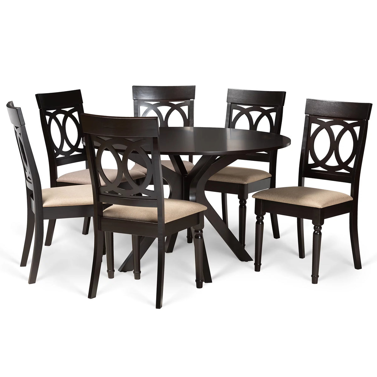 Sand Fabric Upholstered Dark Brown Wood 7-Piece Dining Set P980