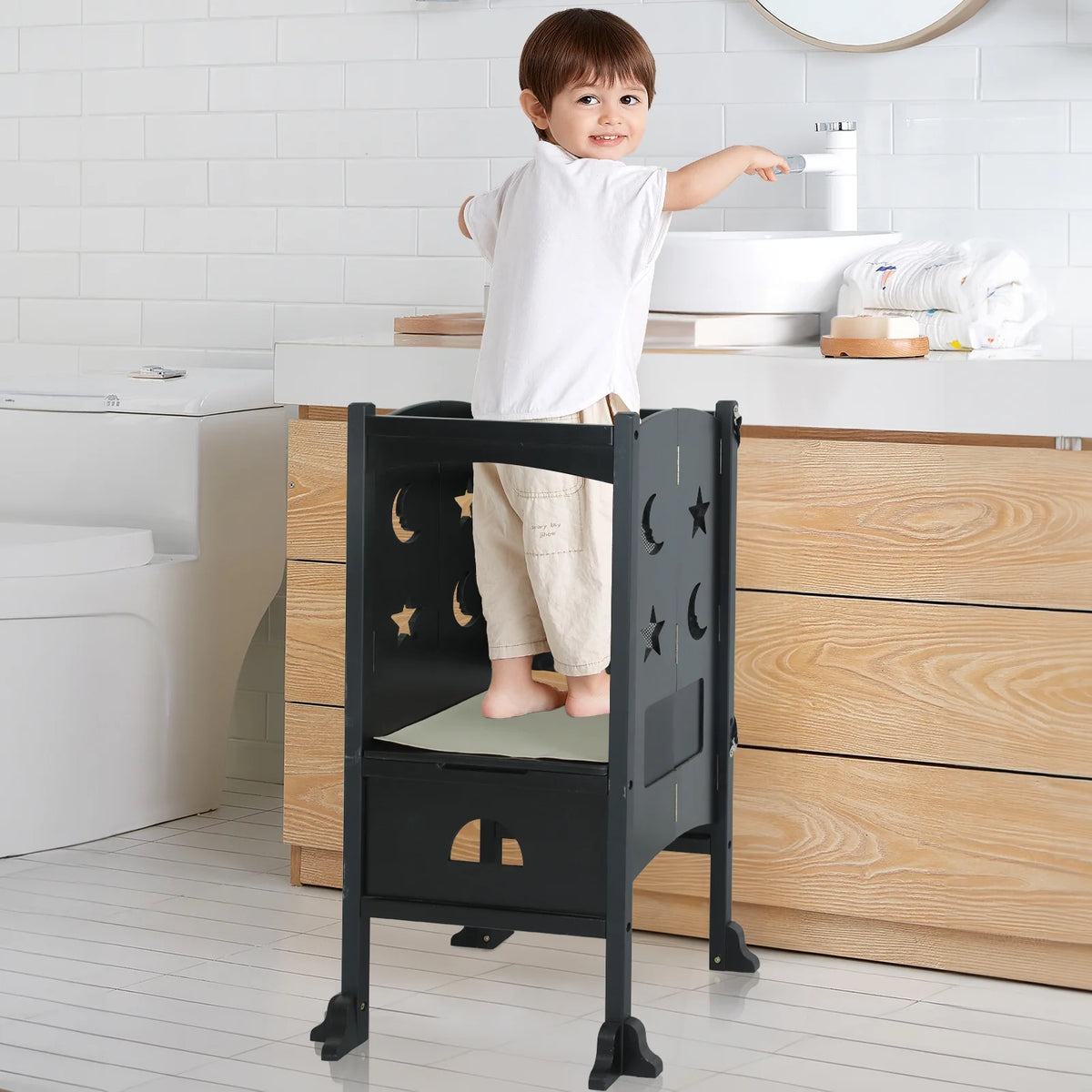 Wooden Folding Toddler Kitchen Step Stool, Black P92155