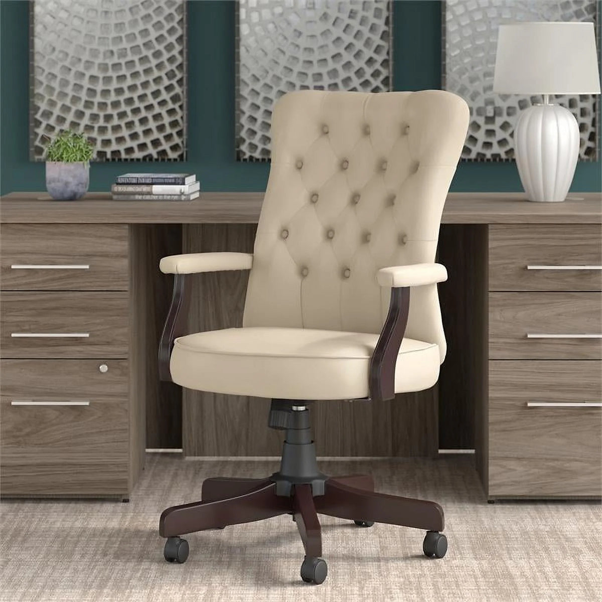 Antique White Leather Tufted Office Chair with Arms B77385