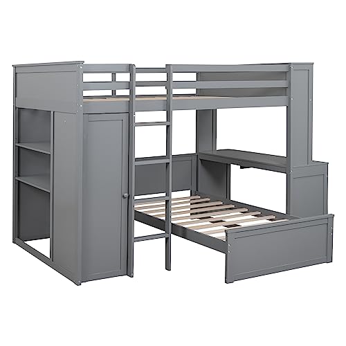 Twin Size Loft Bed with Built-in Desk & Wardrobes, Wood Bedframe with 4 Drawers & 4 Shelves, Gray A47920