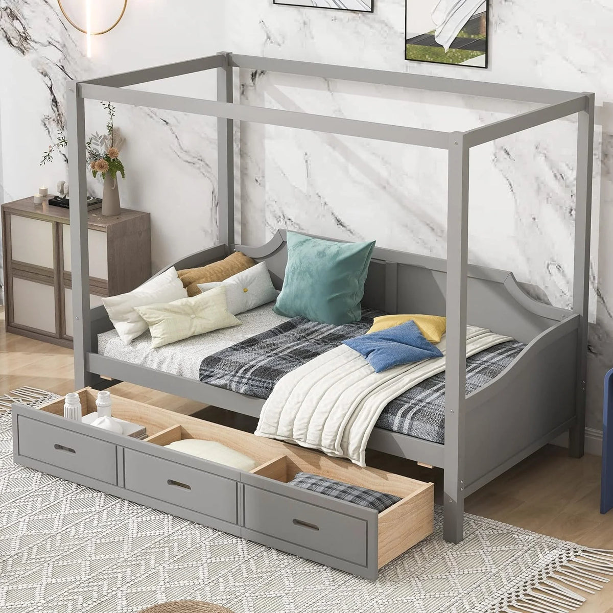 Gray Wood Canopy Bed with Storage and 3 Drawers S34548