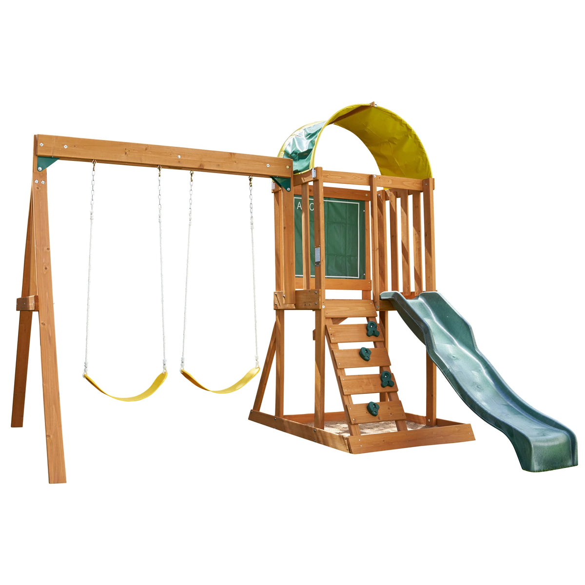 Wooden Outdoor Swing Set with Slide and Rock Wall W6342