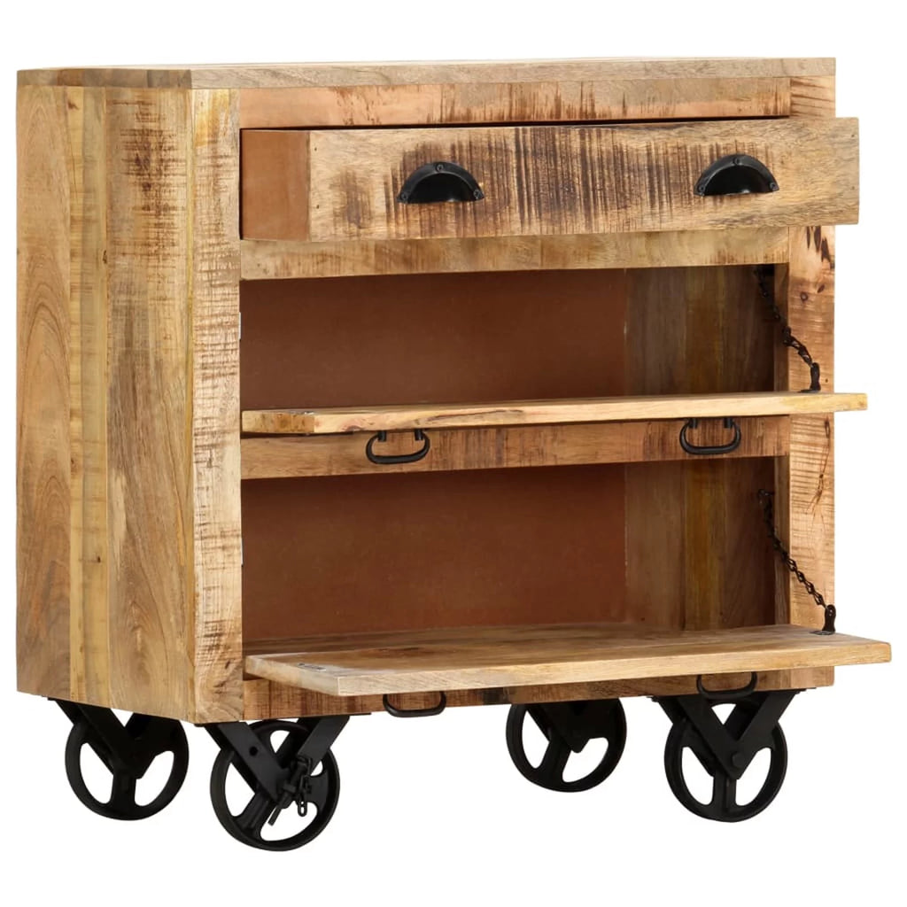 Mango Wood Side Table with Storage Drawers and Wheels W59941