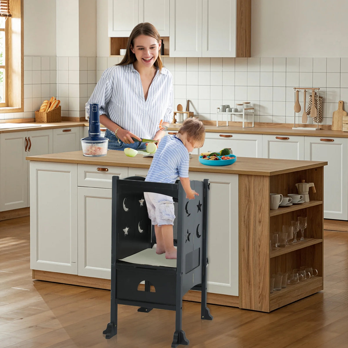 Wooden Folding Toddler Kitchen Step Stool, Black P92155