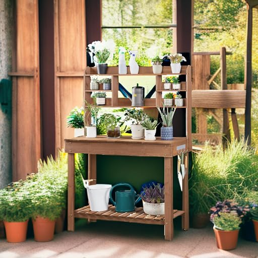 Brown Potting Bench Table with Storage Shelf F742718