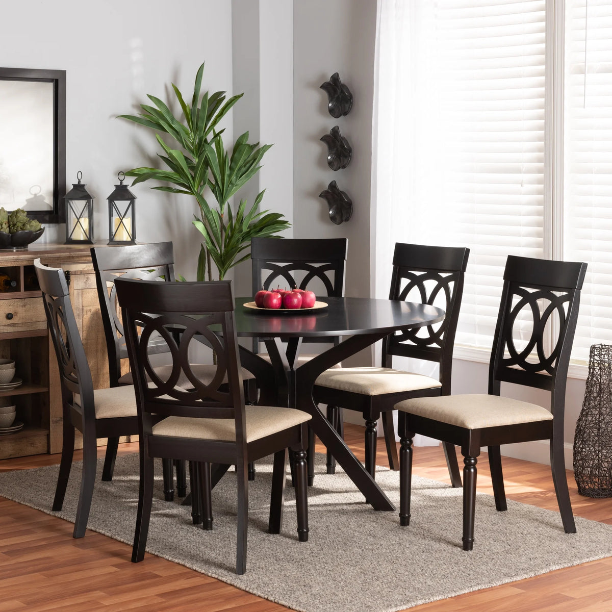 Sand Fabric Upholstered Dark Brown Wood 7-Piece Dining Set P980