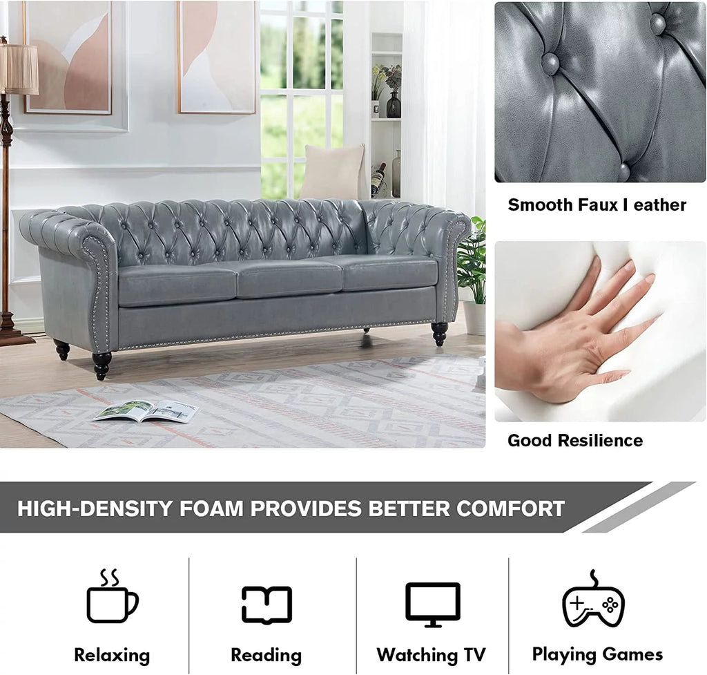 84" Gray Leather Chesterfield 3-Seater Sofa G554903