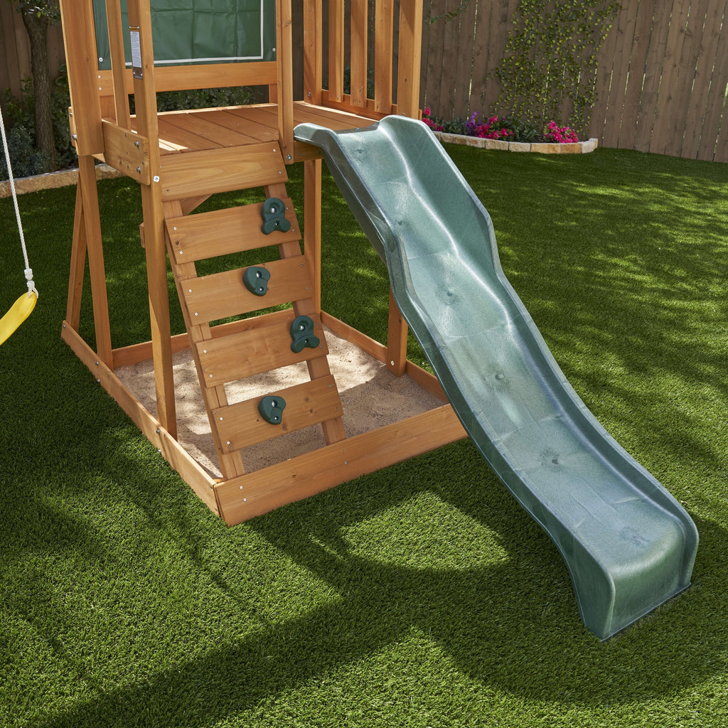 Wooden Outdoor Swing Set with Slide and Rock Wall W6342