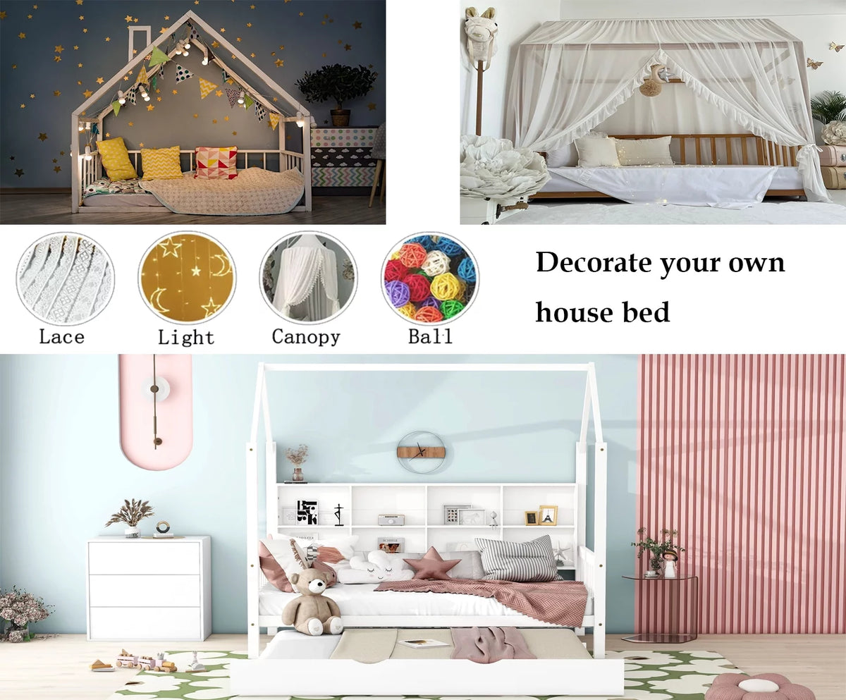 Twin Size Solid Wood House Bed with Trundle and Storage Shelves O31830