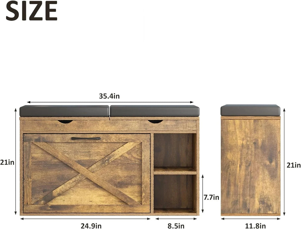 Rustic Brown Shoe Storage Bench with Flip Drawer O915640