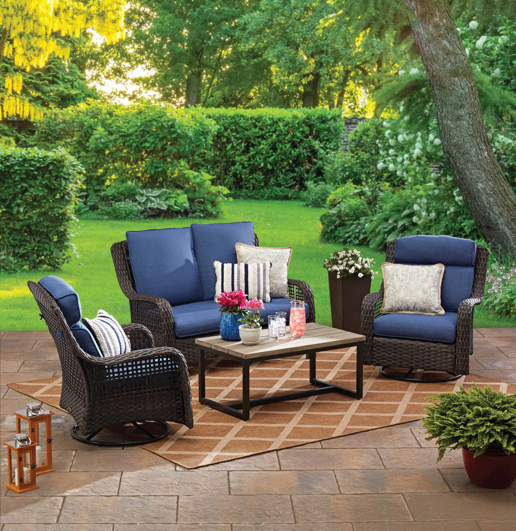 4-Piece Green Outdoor Wicker Swivel Chair Conversation Set X7637