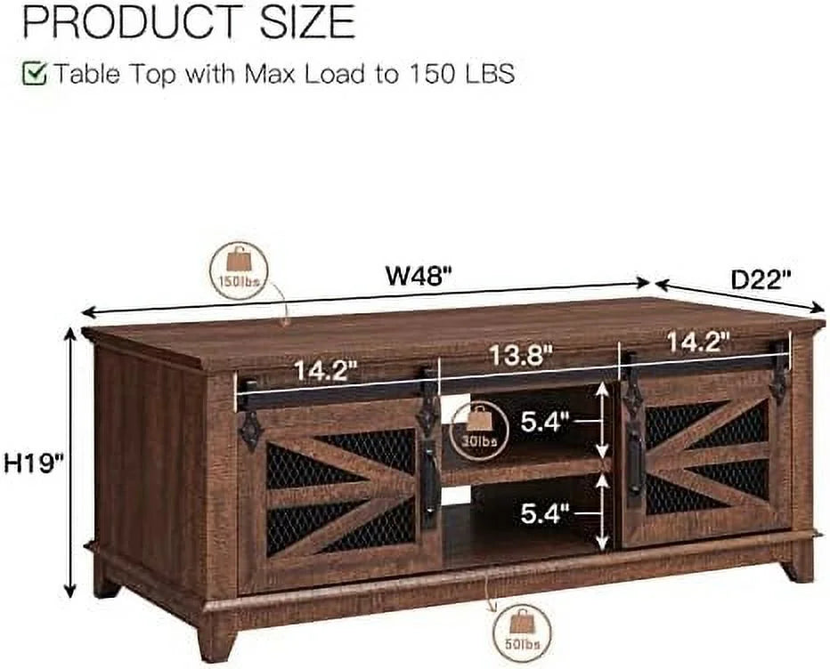 48'' Coffee Table with Electric Fireplace & Sliding Barn Doors S14785