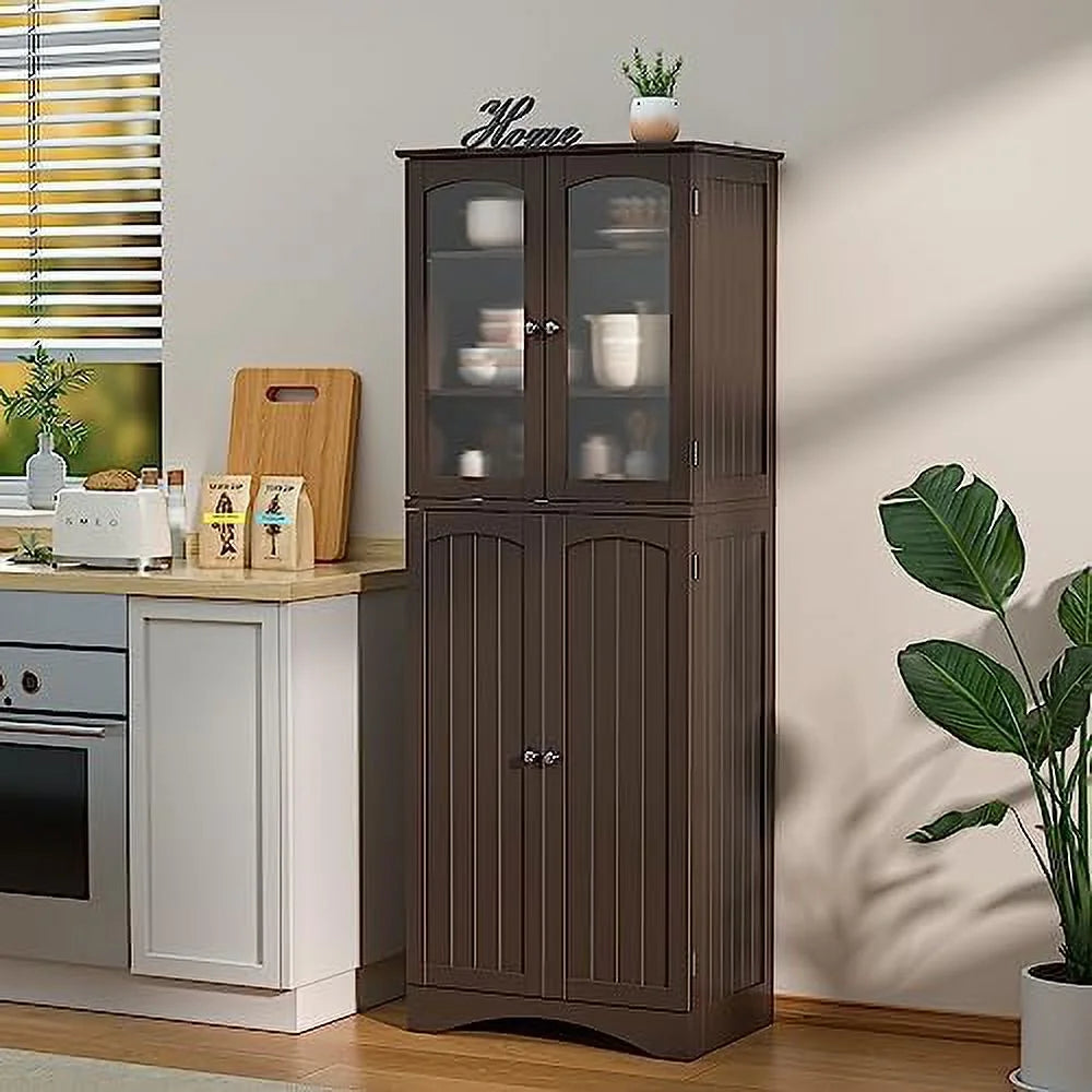 64" Kitchen Pantry Cabinet with Glass Doors and Adjustable Shelves L293