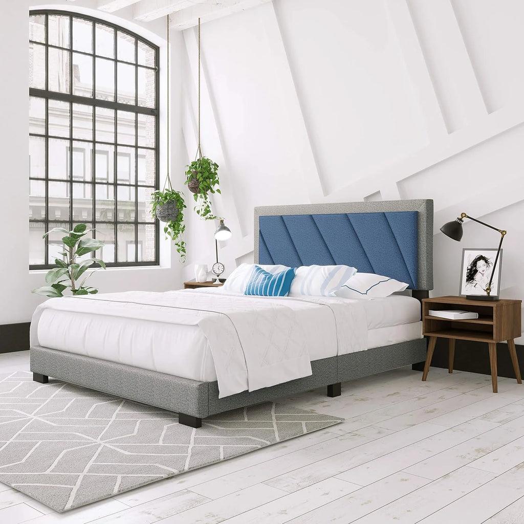 Blue/Gray King Upholstered Platform Bed with Headboard N1850
