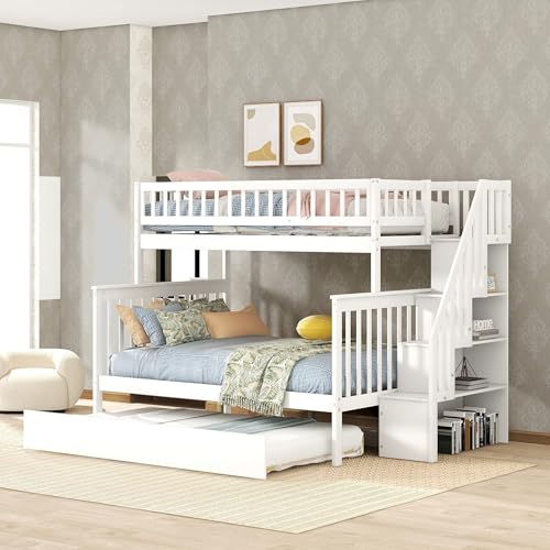White Twin Over Twin Solid Wood Bunk Bed with Trundle Q298038