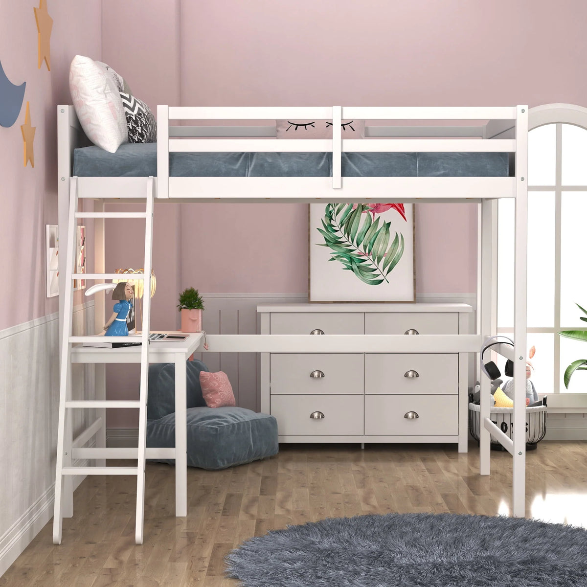White Wood Twin Loft Bed with Desk J2167