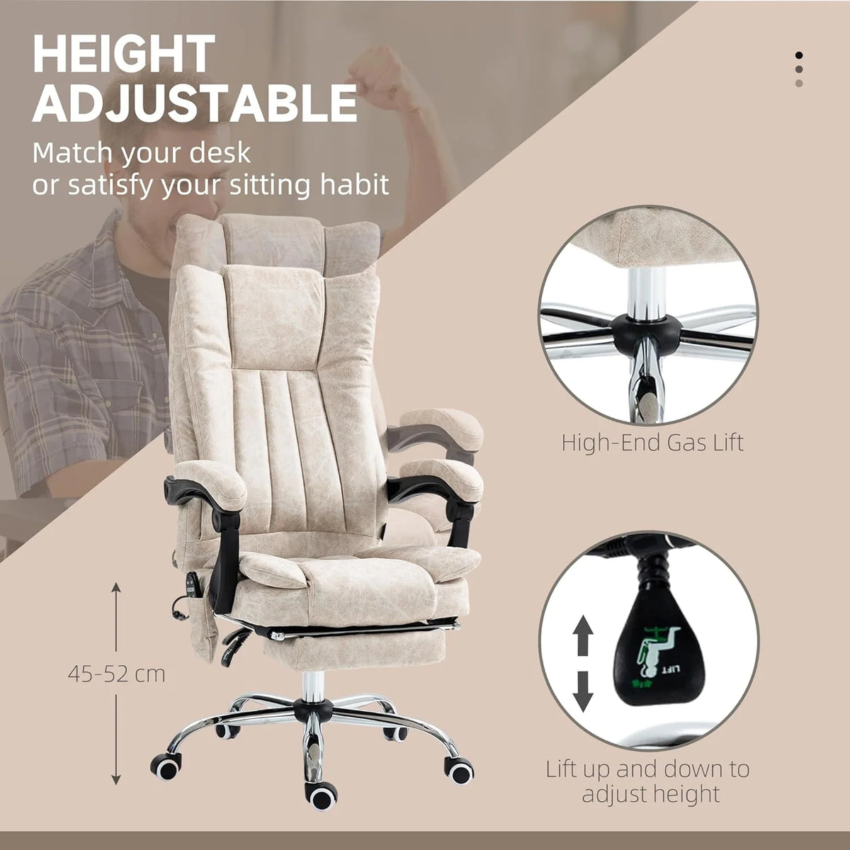 Cream White Microfiber High Back Office Chair with Massage and Footrest M298835