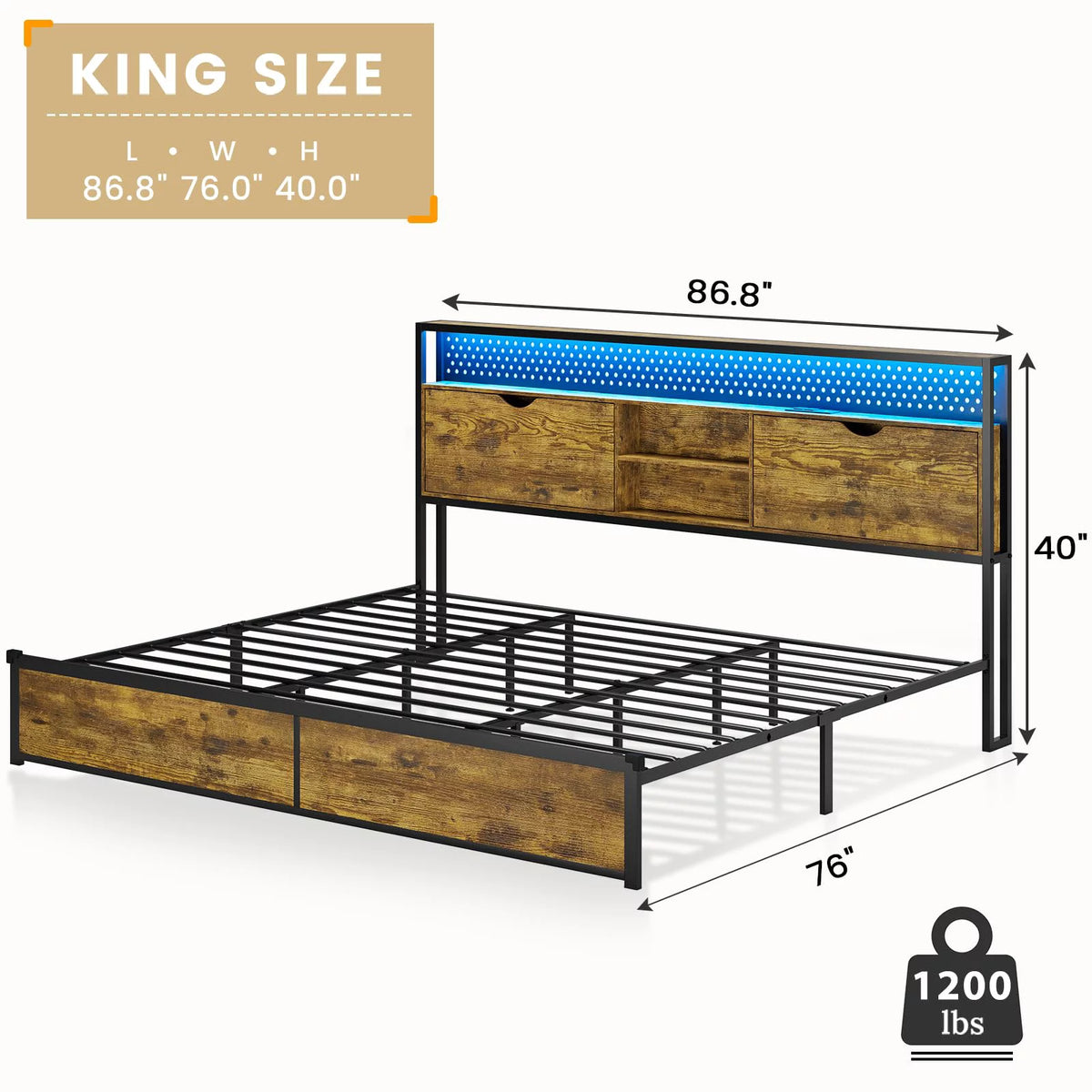 King LED Bed Frame with Storage Headboard and Charging Station R469784