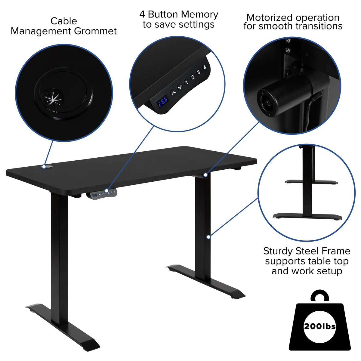 Electric Height Adjustable Standing Desk 48" Wide 24" Deep Black W9688