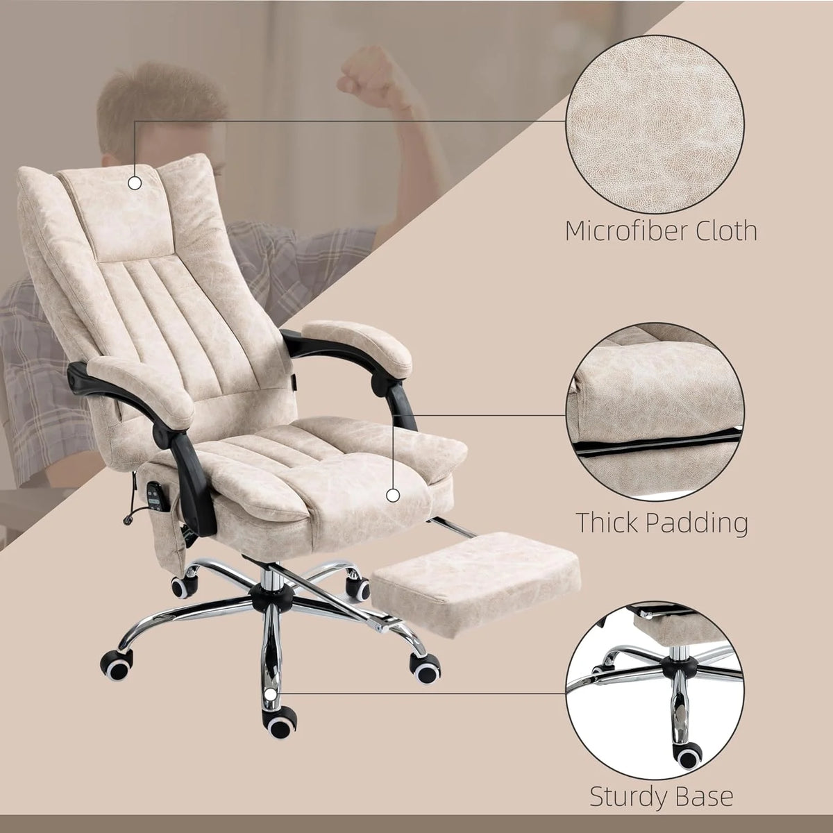 Cream White Microfiber High Back Office Chair with Massage and Footrest M298835