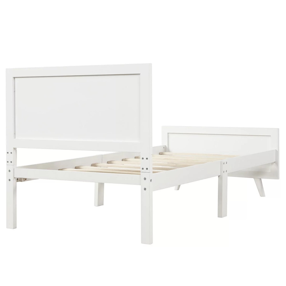 White Minimalist Wood Platform Bed Twin Bed Frame with Headboard U6483